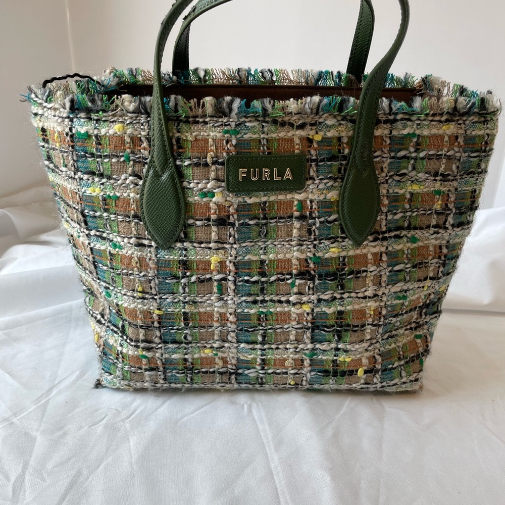 Furla Multicolor Tweed Tote with Green Leather Handles